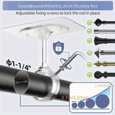 4 piezas de soportes para barras de cortina de techo sin taladro, soportes autoadhesivos para barras de cortina, ganchos de cortina ajustables, se adaptan a barras de 1.2" de diámetro, para armario, dormitorio