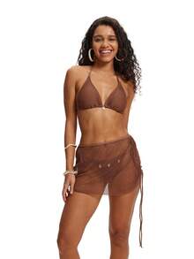 Bộ bikini 3 mảnh màu nâu AONIHUA dành cho nữ, áo tắm buộc cổ họa tiết vỏ sò, trang phục đi biển mùa hè, trang phục thường ngày dành cho nữ. - màu nâu - Xem 12