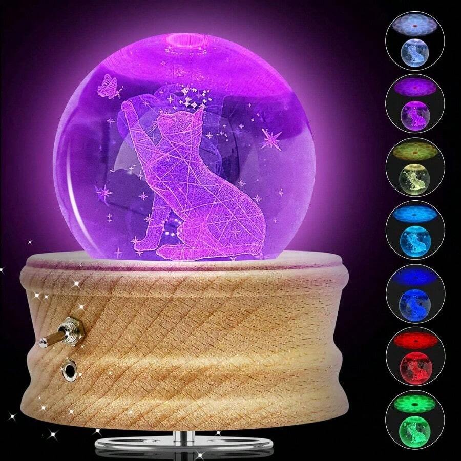 U R My Sunshine 3D Ball Music Box With Projection And Rotating Wooden Base, Best Birthday, Valentine's Day, Music Boxes Women Mom - Cat-rGB - View 1