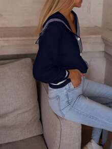 Áo cardigan dệt kim tay dài cổ thủy thủ dành cho nữ, cài cúc phía trước, chất liệu nhẹ, dáng suông, phong cách thời trang thường ngày phù hợp cho việc đi làm, áo len dễ thương. - Màu xanh lam - Xem 5