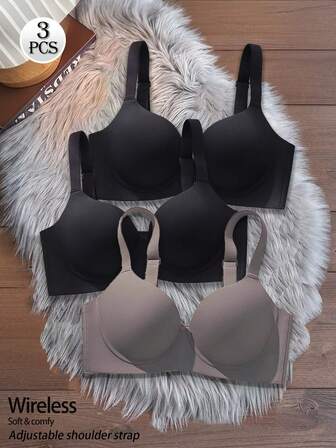 3pcs Black & Grey Wireless Seamless Bras, Comfortable Breathable Padded Bras With Wide Straps, Elegant For Daily Wear