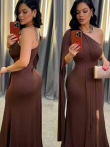 Women's Long Party Dress One Shoulder With Elegant Slit One Size M (Fits 38 To 42) Simple Elegant Party Beach Wedding, Bridesmaid And Graduation. - 鏽棕色 - 查看 2