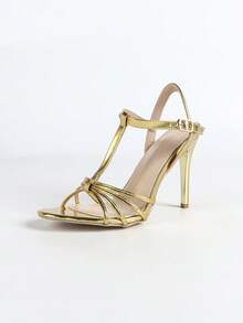 女士时尚高跟凉鞋，性感搭扣，派对装，金属 PU 皮革，细带，踝带，金属装饰，经典圆头，露趾，露跟，镀金鞋跟，细跟，适合夏季户外，常规款式，女士金色凉鞋，高跟凉鞋，极简主义 - 金色 - 查看 14