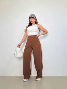 MODA MO, REF: 3271, Women's Tailored Trousers | High Waist Pantaloons | Elegant And Casual Look | Casual Fashion For Everyday Life | Perfect For Work | Comfortable And Stylish | Impeccable Fit - Nâu sô cô la - Xem 3