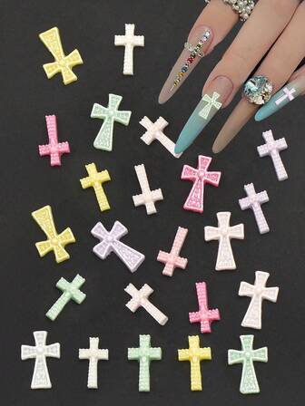 50 pièces Décorations d'art pour ongles en croix colorées, divers accessoires d'art pour ongles en résine 3D en forme de croix de dopamine