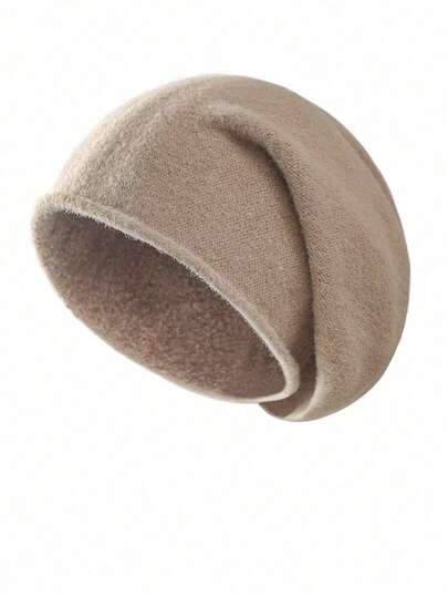 1 件男女通用羊毛混纺纯色针织帽，秋冬时尚保暖休闲卷边头饰，适合户外、滑雪、骑自行车