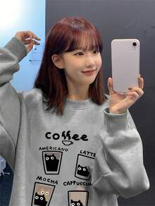 女式休闲宽松套头衫，咖啡杯字母印花，百搭秋冬装