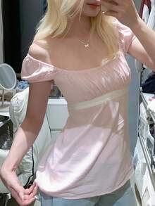 Women Fairy Grunge Y2k Babydoll Shirt Cap Sleeve Micro Polka Dot Tie Back Flowy Babydoll Top Preppy Clothes - 粉色 - 查看 2