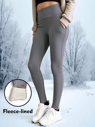 Women's Slim Fit Stretch Thermal Lined Warm Leggings With Pockets, Simple Gray, Suitable For Daily Commute In Autumn/Winter