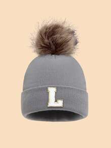 1pc Unisex 26 Letter Decor Faux Fur Pom Pom Knit Beanie Hat, Versatile Warm Windproof Casual Cap, Suitable For Autumn/Winter Outdoor Wear, Great Gift Men Women Clothing Winter