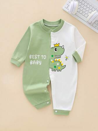 Newborn Baby Dinosaur Print Color Block Romper, 100% Cotton
