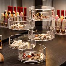 1 pieza Caja de almacenamiento de joyas giratoria de 5 capas, de material acrílico con compartimentos transparentes y tapa antipolvo, organizador de escritorio ahorra espacio para aretes, collares, pulseras, pasadores para el cabello, cosméticos, caja de joyas de plástico duradero para el hogar, el coche, el salón, viajes, elegante joyero de tocador