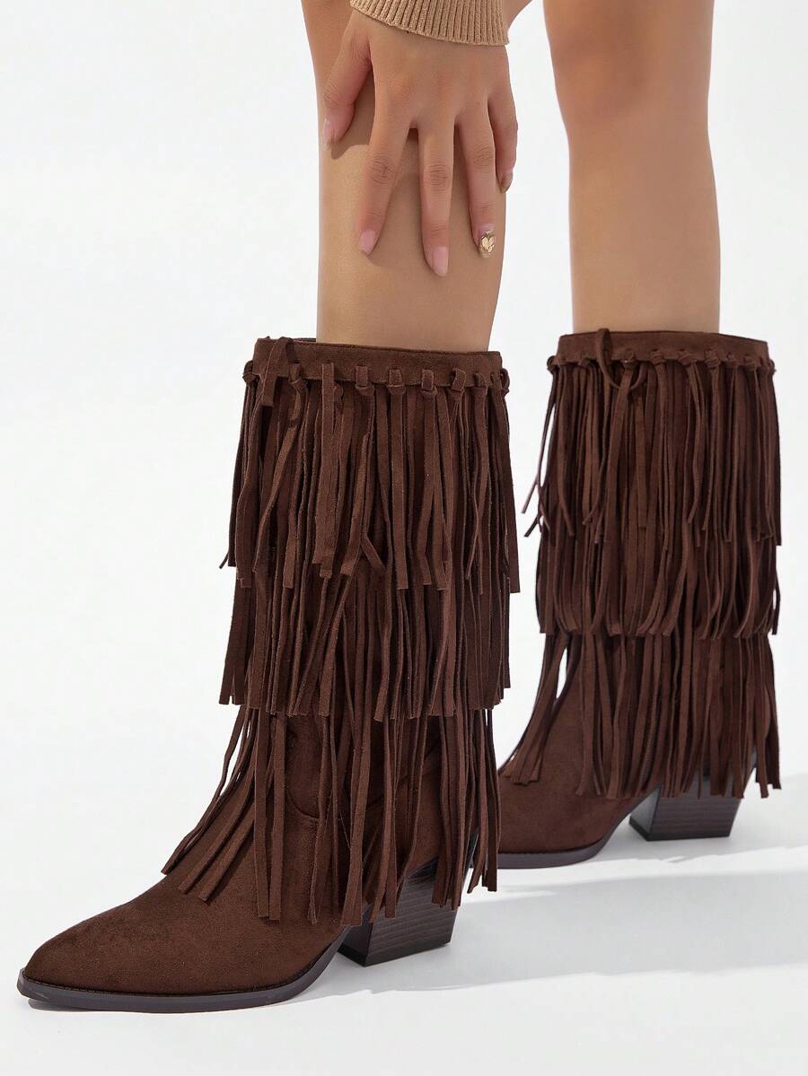 RevReaL Bốt cao bồi miền Tây tua rua bằng da lộn – Bốt cao đến bắp chân Boho Cowgirl dành cho nữ phong cách miền Tây khóa kéo bên hông - màu nâu - Xem 1