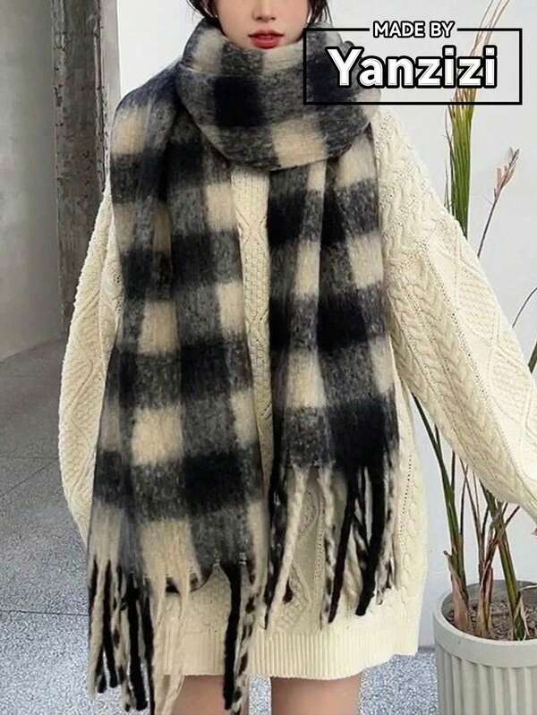 1pc Plaid Scarf Women's Thickened Warm Luxury Imitation Cashmere Versatile Autumn And Winter Solid Color Shawl Solid Color Scarf, Winter Warm Neckline, Thickened Knitted Thick Fringe Shawl, Wearable Luxury Women's Scarves Winter Shawls ScarvesWomen's Soft Silk Thick BlanketsWomen's Soft Silk Thick BlanketsLuxury Brands Fashion Classic Men's Soft Scarves