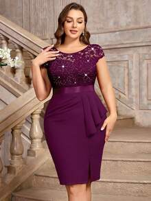 Plus Sequin Lace Bodice Ruffle Split Thigh Wrap Hem Cocktail Party Bodycon Dress, Valentine's Day Dress, Summer Dress, Evening Party Dress, Graduation Dress, For Birthday, Wedding Guest, Homecoming Spring - Maroon - View 6