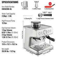 Cafetera espresso con molinillo, cafetera espresso semiautomática de 15 bares con varilla de vapor espumador de leche, tanque de agua extraíble y manómetro para capuchino, latte, machiato, sistema de control PID - Plateado - Ver 7