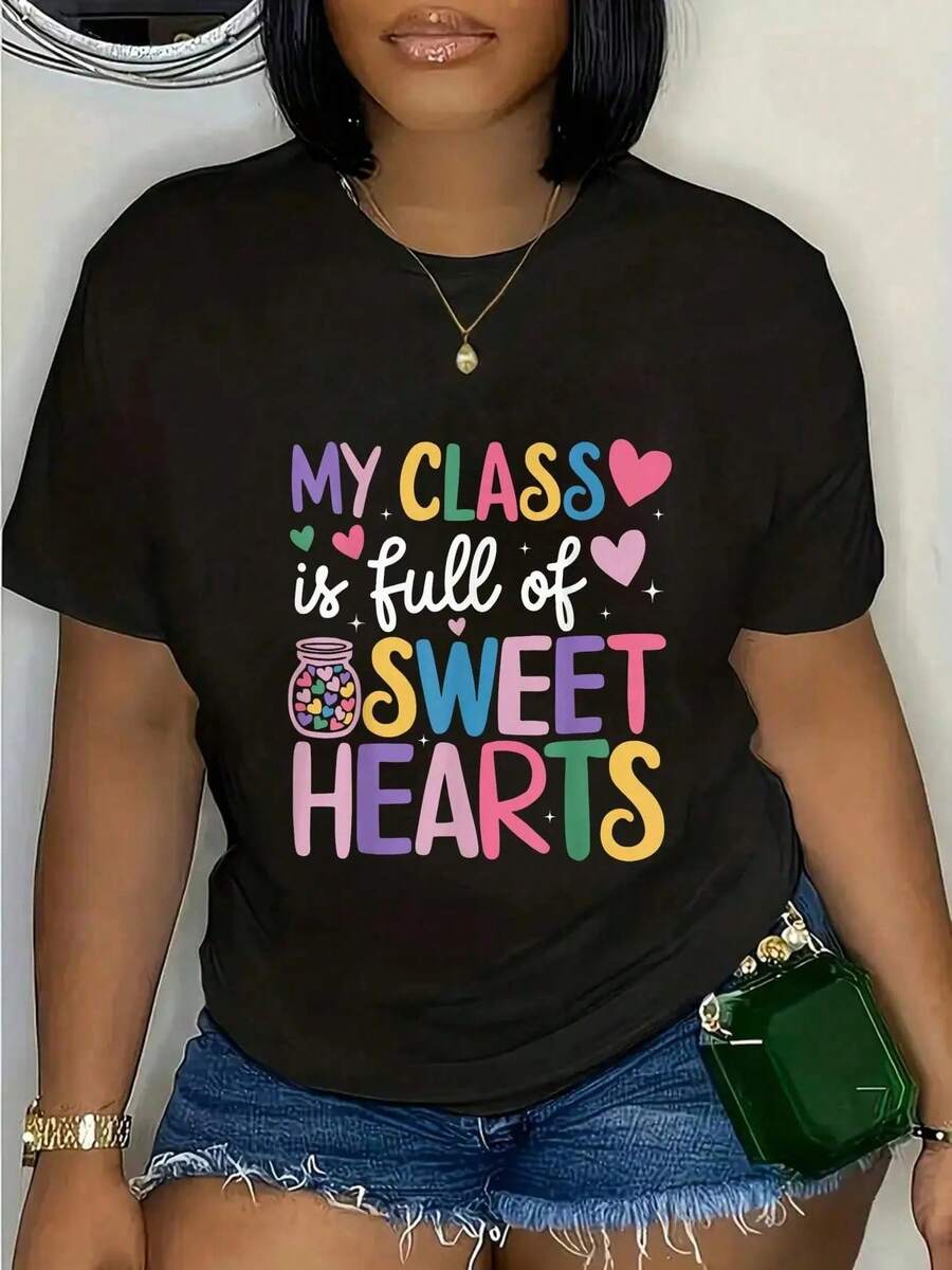 100% Baumwolle Süßer Lehrertag Meine Klasse ist voller süßer Herzen T-Shirt Damen/Herren Sommer Urlaub Weiche Tee Locker Sitzende Klassische Komfort Oberteile - Schwarz - Übersicht 1