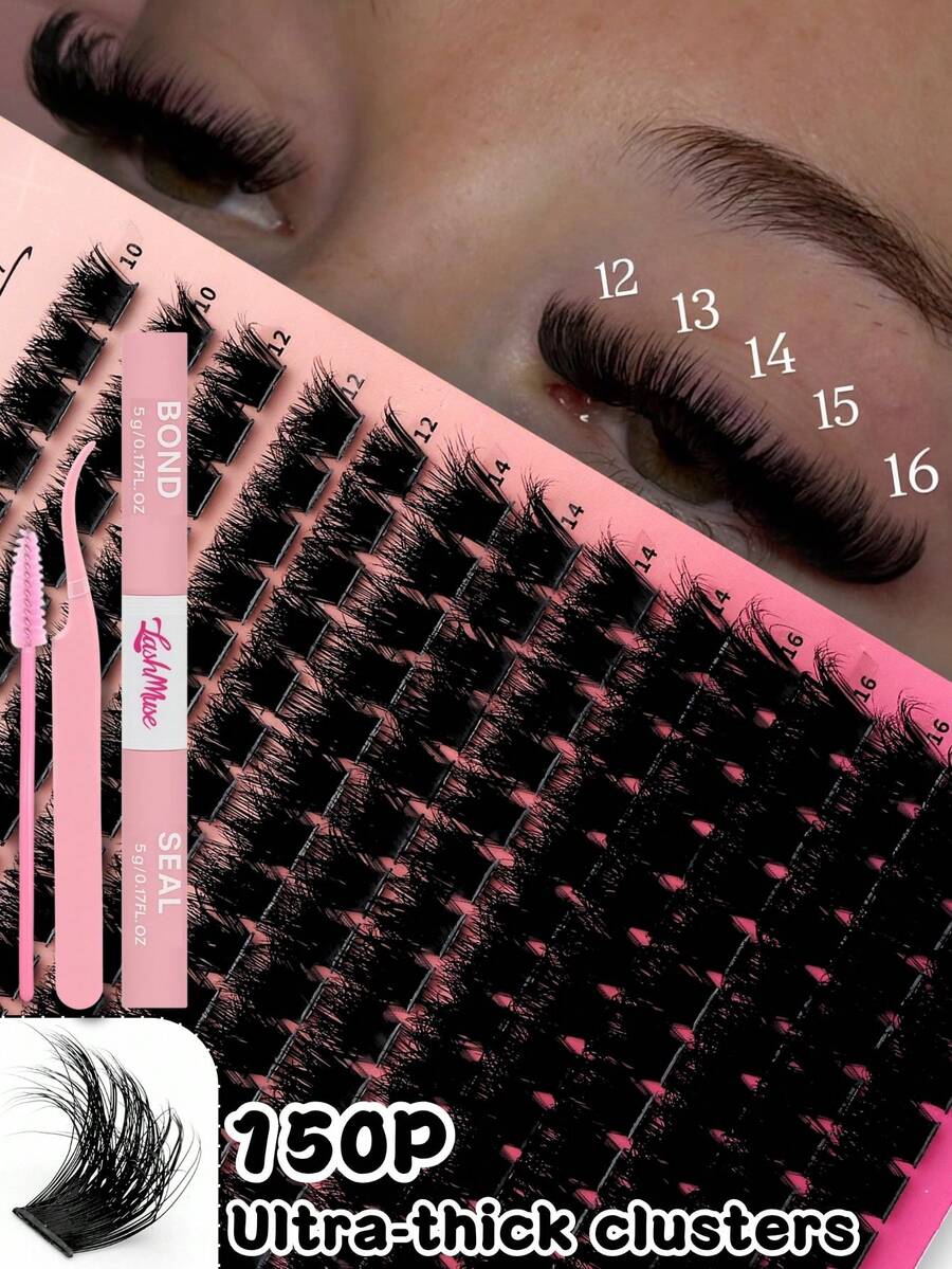 392PCS Individual Lash Clusters – 150D D Curl, 0.39–0.71inch Mixed Length, DIY Lash Clusters, Extra Thick & Fluffy, Natural Look, Reusable Individual, Includes Lash Bond & Seal, Tweezers & Lash Brush,  Eyelash Extension Kit For Self Use At Home Or On-The-Go, Perfect For Daily Life, Wedding, Dating, Party, Travel, Christmas, Halloween, Thanksgiving, New Year's, Valentine's Day, Mother's Day, Lash Clusters, Eyelash Clusters, Individual Eyelashes, Fake Lashes, Beauty & Health - 黑色 - 查看 1