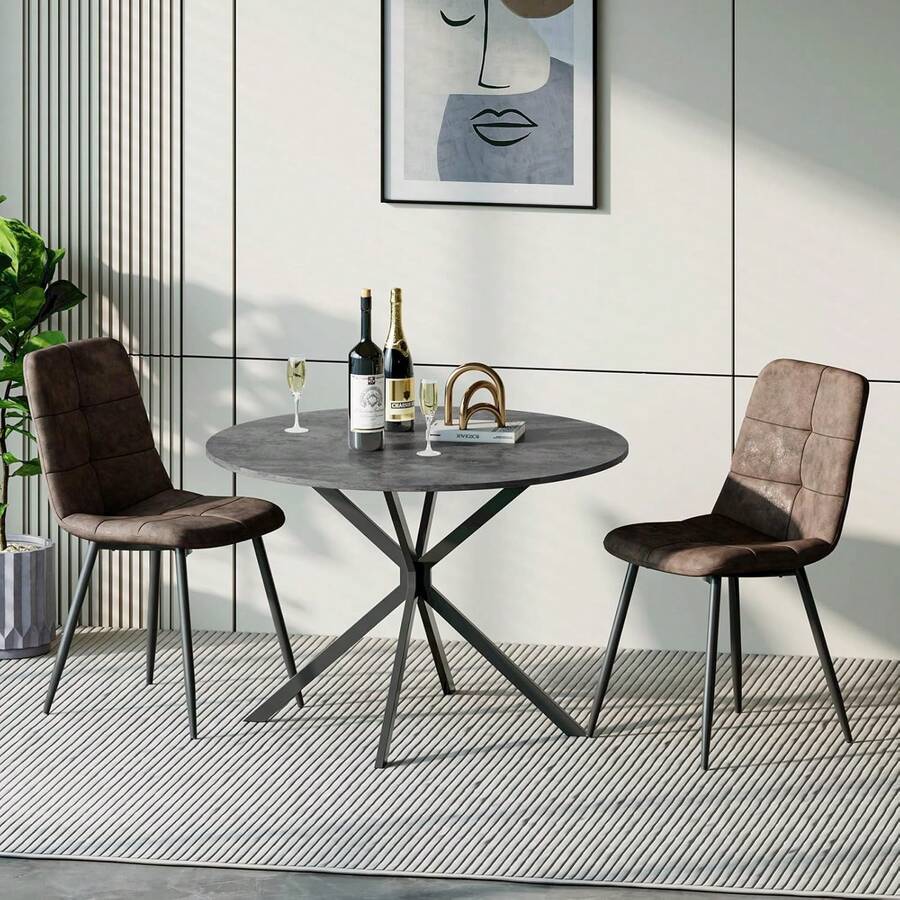 Dining Table And Chairs Set Of 2, Folding Round Dining Table With 2 PU Leather Chairs For Dining Room,Kitchen,Living Room - Gray Table + 2PU Brown Chairs - View 1