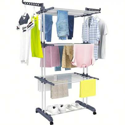 LIPETY Floor-Standing 4-Layer Clothes Drying Rack, Foldable Double Pole, Suitable For Indoor And Outdoor Use, Laundry Drying, Shoe Rack And Clothes Rack