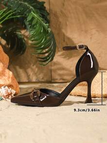 Women's Adjustable Strap Pointed Toe 9CM Elegant Stiletto High Heels, Metal Buckle PU Material, Brown Color, Suitable For Daily Commute/Party/Formal Occasions,Elegant - Coffee Brown - View 4