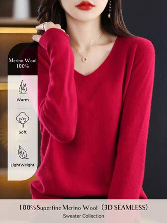 100% Merino Wool Women Sweater V Neck Pullover First-Line Ready To Wear Casual Long Sleeve Seamless Knit Sweater