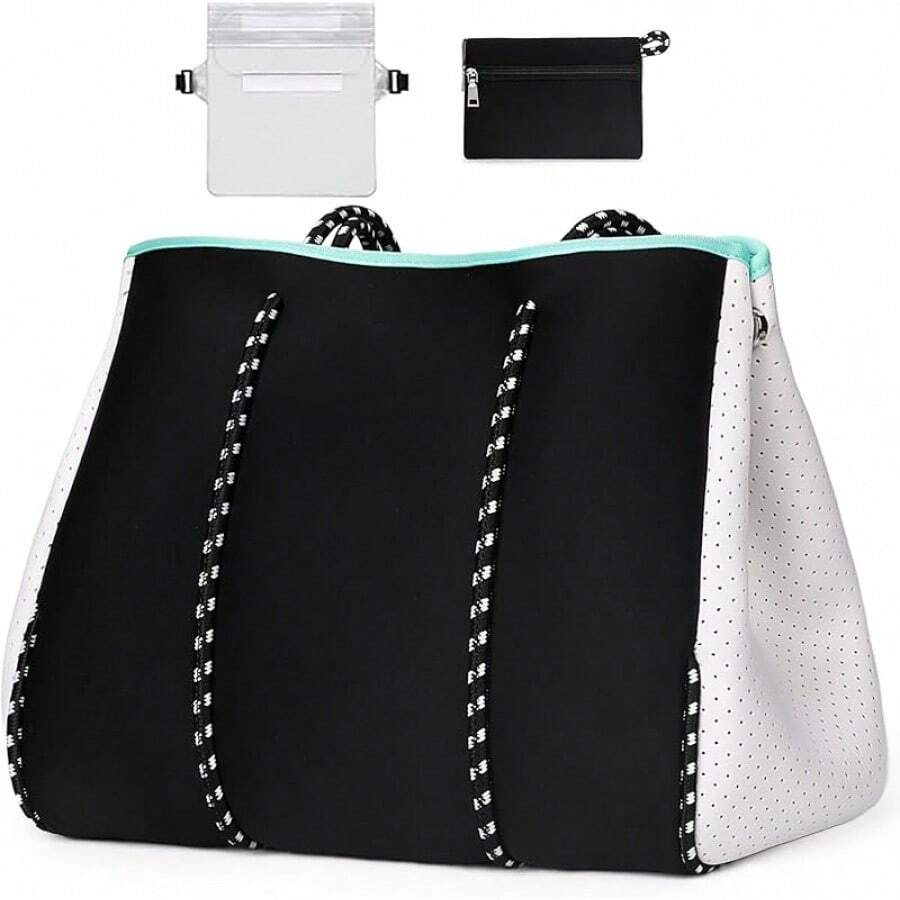 Large Multipurpose Neoprene Beach Tote Bag With Inner Pocket Women/Pool - C2-黑白 - 查看 1