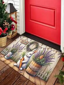 1 peça de tapete de boas-vindas com estampa de coelho da Páscoa e flores - Decoração de Natal - Decoração diária, Lavável à máquina, Durável, Resistente a manchas, Secagem rápida, Adequado para capacho interno/externo