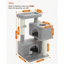 32" Cat Tree Tower For Indoor Cats - 2 Cozy Condos, Multi-Level Cat Scratching Posts With Sisal, Soft Padded Perch, 2 Dangling Toys, Light Grey - 灰色 - 查看 6