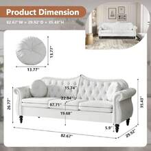 82" Three Seater Sofa, Chesterfield Sofa, Mid- Modern Velvet Upholstered Sofa, Deep Button Tufted Living Room Sofa With Two Throw Pillows, White,25014692 - White - View 2