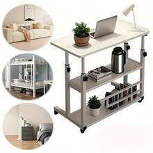 White/Multifunctional Desk On Wheels - Height-Adjustable Rolling Desk With Storage Shelves, Space-Saving Wood And Metal Frame, Compact Fiberboard Desktop For Home Office, Bedroom, Living Room, Sofa, Study - 白色 - 查看 4