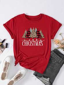 Camiseta 100% algodón Navidad Christmas Árbol de Navidad  Manga Corta y cuadros cuello redondo para Mujer - Rojo - Ver 1