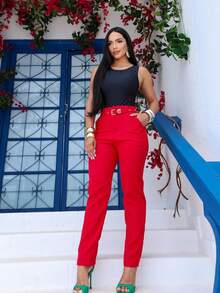 Women's High-Waisted Tailored Trousers - Red - View 2