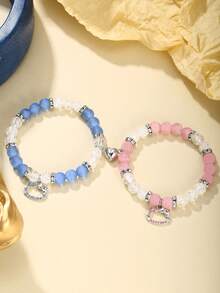 Sanrio 2pcs Set Hello Kitty Charm Beaded Bracelet With Heart Magnetic Clasp, Couple Bracelet, Cute Bracelet, Suitable For Daily Outfit, Gift For Boyfriend/Girlfriend