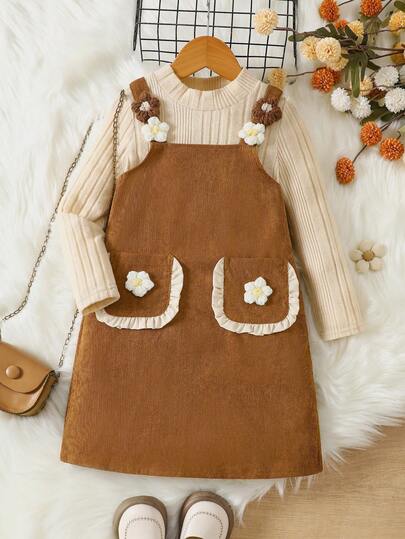 Conjunto casual de 2 piezas para niñas: Suéter de cuello alto acanalado de punto para otoño/invierno + Vestido peto de pana con decoración floral 3D