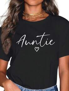 100% Cotton Auntie Gifts For Women Heart Mother's Day Auntie T-Shirt Women's Men's Summer Vacation Soft Tee Relaxed Fit Classic Comfort Tops - Black - View 1
