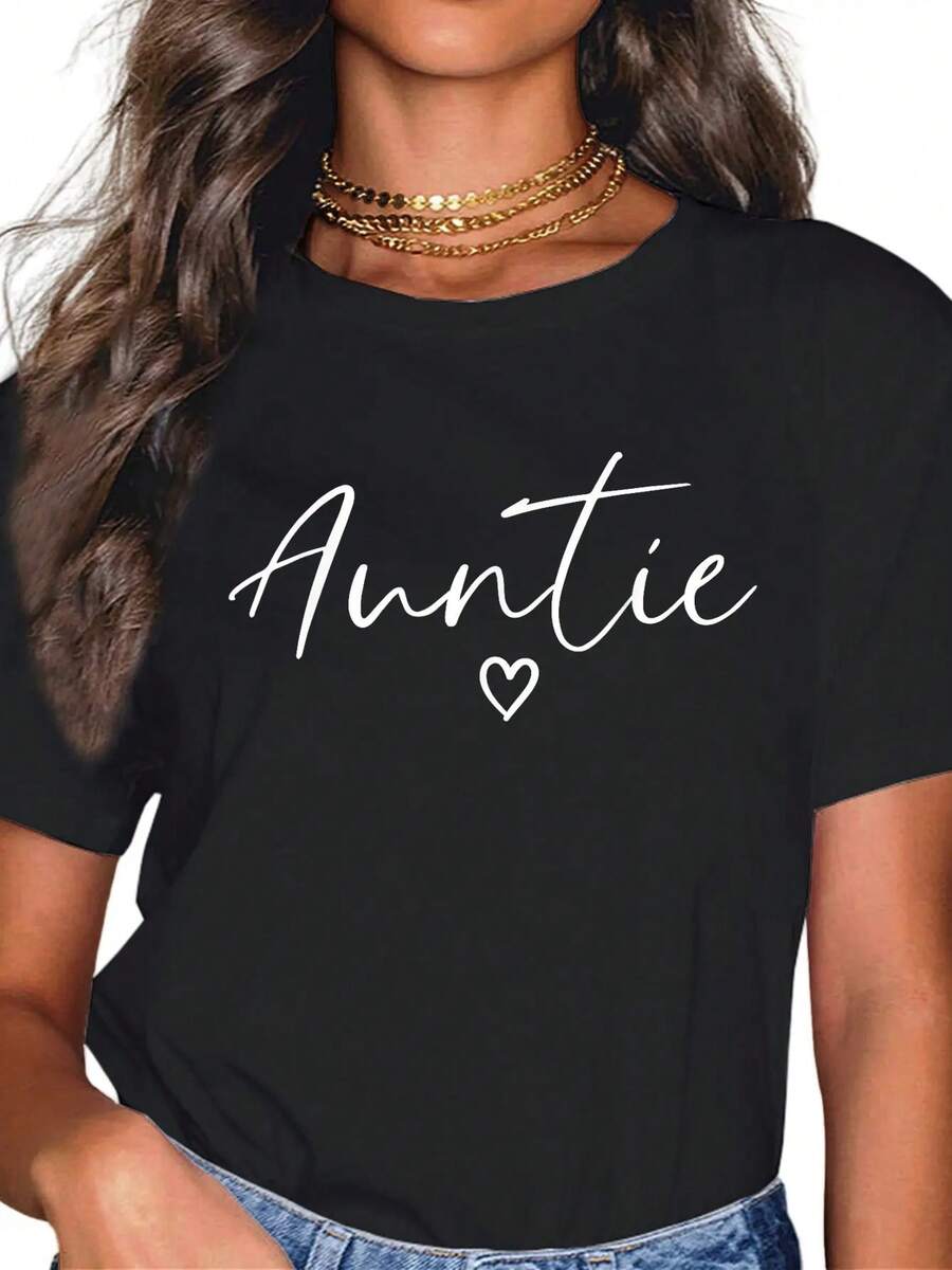 100% Cotton Auntie Gifts For Women Heart Mother's Day Auntie T-Shirt Women's Men's Summer Vacation Soft Tee Relaxed Fit Classic Comfort Tops - Black - View 1