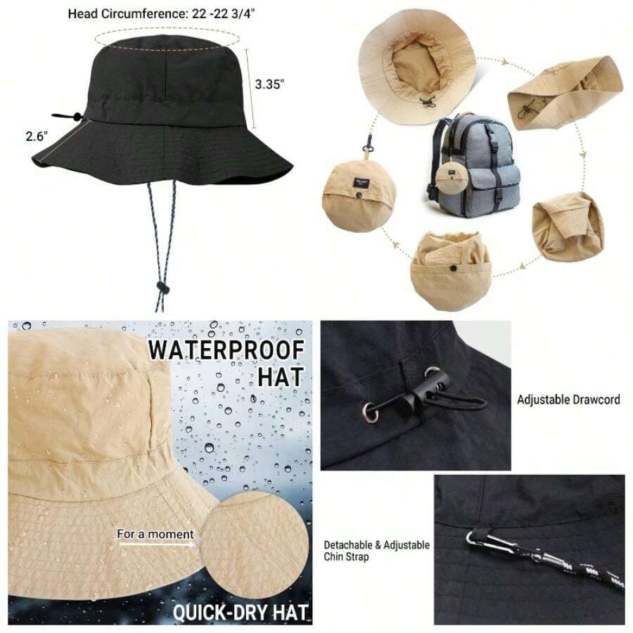 Waterproof Quick Dry Bucket Hats Woman Men Packable Foldable Rain Hat Lightweight Hiking Hat - Khaki + Small--medium (size: 22 -22 3/4") - View 1
