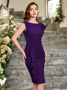 MIUSOL Vestido de cóctel con manga de volante asimétrica de unicolor, vestido elegante semi-formal de verano para mujer - Morado - Ver 7