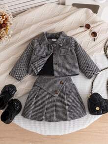 3pcs Infant Girl Preppy Plaid Blazer, Camisole Top And Plaid Skirt Set, Fashionable For School And Outdoor, Suitable For Spring/Autumn