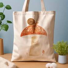 1pc Cute Snail & Mushroom Canvas Tote Bag - Reusable Grocery Bag With Adorable Cartoon Design, 13, 8"X15, 8" Durable Polyester Shoulder Bag For Shopping, Commuting, School - Perfect Gift For Nature Lovers, Women, Graduation, Earth Day, Juneteenth, 4th Of July, Reusable Shopping Bags, Commuting Accessory, Whimsical Illustration, Sturdy Handle Construction - A - 查看 9