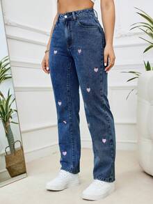 Women's Fashion Casual Plus Size Dark Blue Elastic Denim Pants With Pink Heart Embroidery, Soft & Comfortable For Spring, Summer, Autumn, Winter - Dark Wash - View 5