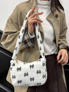1 pezzo Borsa a spalla/sotto braccio elegante, versatile, di moda, con fiocco in peluche di colore solido, di grande capacità, adatta per l'uso quotidiano e il pendolarismo