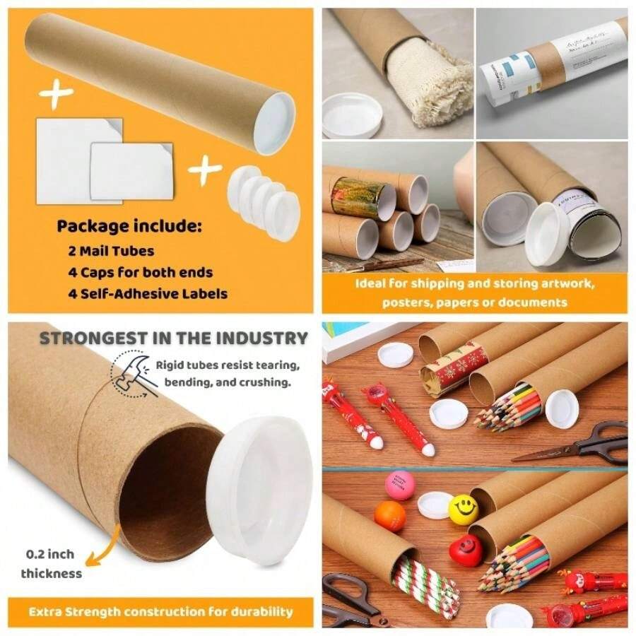 Mailing Tubes With Plastic Caps Cardboard Blueprints Artwork Poster Heavy - Duty Thickness Posters, Art Prints Multipurpose Documents Storing 1 Pack 2x18 Inch - 37.7 Cubic Inches + 2 X 12 Inches + 2 + SAVUK-212 - View 1