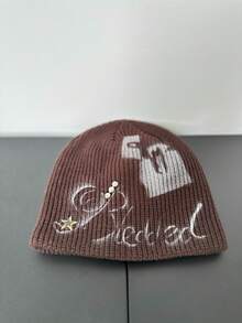 1pc Fashionable Casual Street Graffiti Metal Star Warm Knit Beanie Hat, Unisex, Autumn/Winter