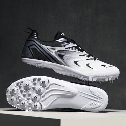26 Men's Athletic Sports Shoes, Men's Track And Field Shoes, Fashionable Black And White Low-Top Lace-Up Spiked Shoes, Strong Grip On Field, Removable Spikes, Suitable For Competition And Sports, Explosive Power, Stable Speed Feeling, Unisex Spiked Shoes Suitable For Sprint, Middle/Long Distance Running, Triple Jump And More
