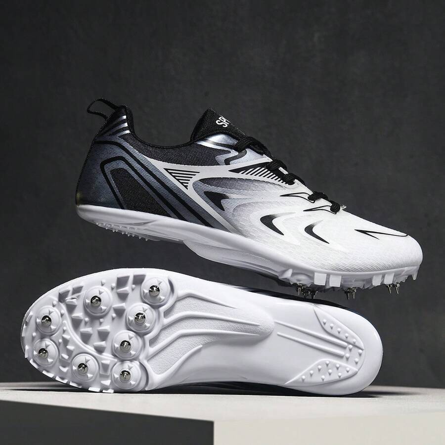 26 男士运动鞋，男士田径鞋，时尚黑白低帮系带钉鞋，抓地力强，鞋钉可拆卸，适合比赛和运动，爆发力十足，速度感稳定，男女通用钉鞋，适合短跑、中长跑、三级跳远等运动。