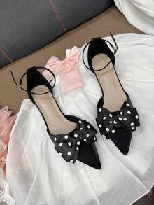 Nuove scarpe eleganti con punta affusolata e tacco alto alla moda per adolescenti, design carino con fiocco a pois, comode e versatili per un uso elegante quotidiano, a scuola, per feste, concerti - nero - Visualizzare 3