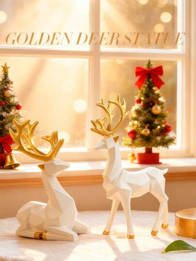 2Pcs Christmas Reindeer Figurines,Resin Sitting Standing Deer Statues Creative Craft Reindeer Figurines Ornaments Living Room Lucky Wealth (Resin, White)Suitable For Holiday Home Decoration, Holiday Table Centerpiece, Christmas Mantel, Windowsill And Fireplace Decorations, Ideal Christmas Decorations For Indoor Parties, Family Gathering Supplies And Unique New Year Gifts For Friends