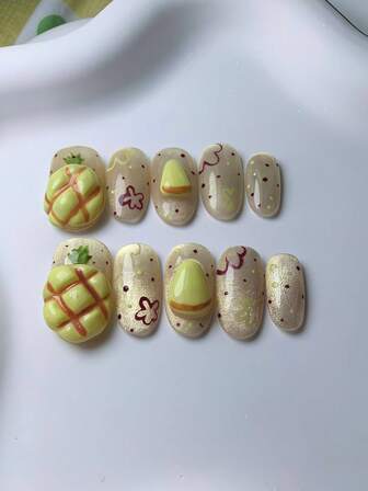 10pcs Handmade Sweet Dessert Experience Set, Medium Size, Oval Shaped, Cute Japanese Style Pineapple Bun, Polka Dot Floral Pattern, 3D Embossed Design, Playful & Youthful, Nail Stickers, Suitable For Daily Wear Or Girlfriend Gatherings